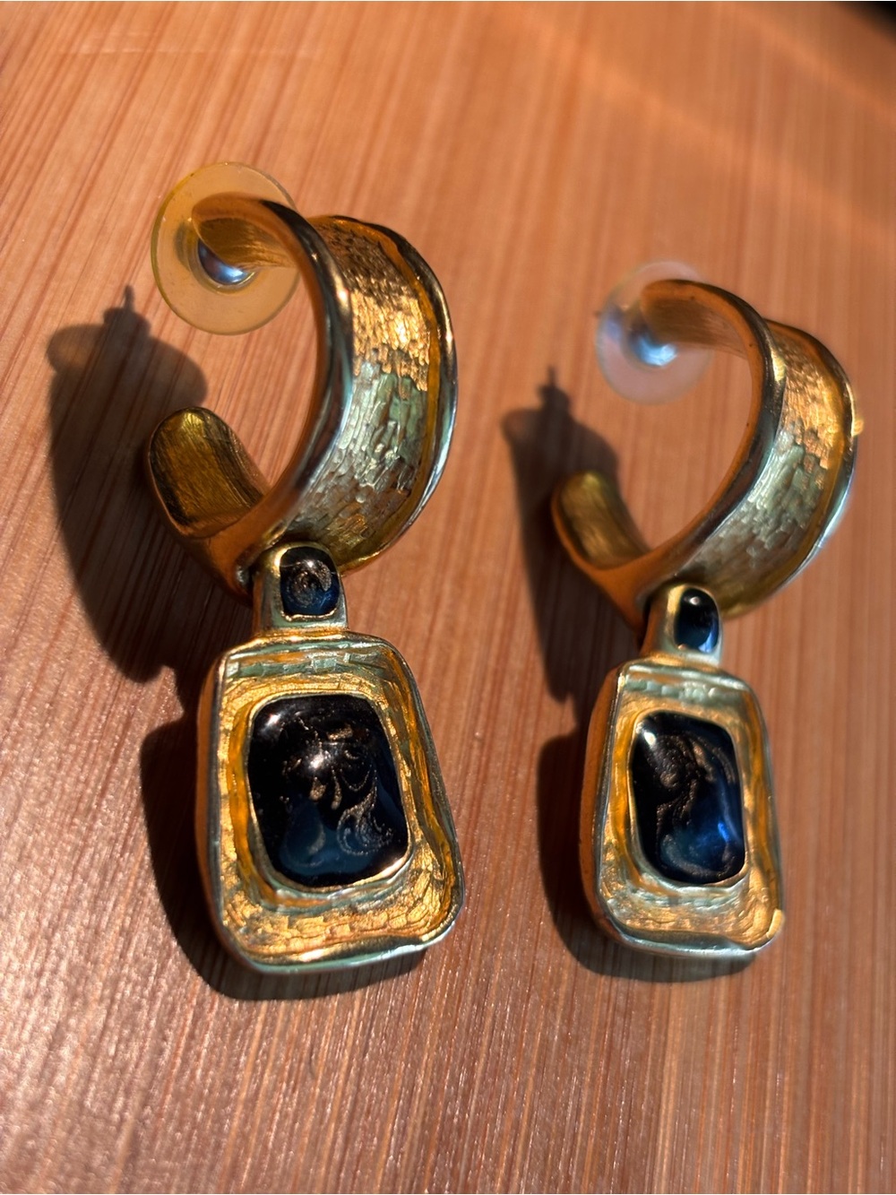 Vintage Georgiou Signed Gold-Tone Hoop Drop Earrings Black Gold Color Cabochon